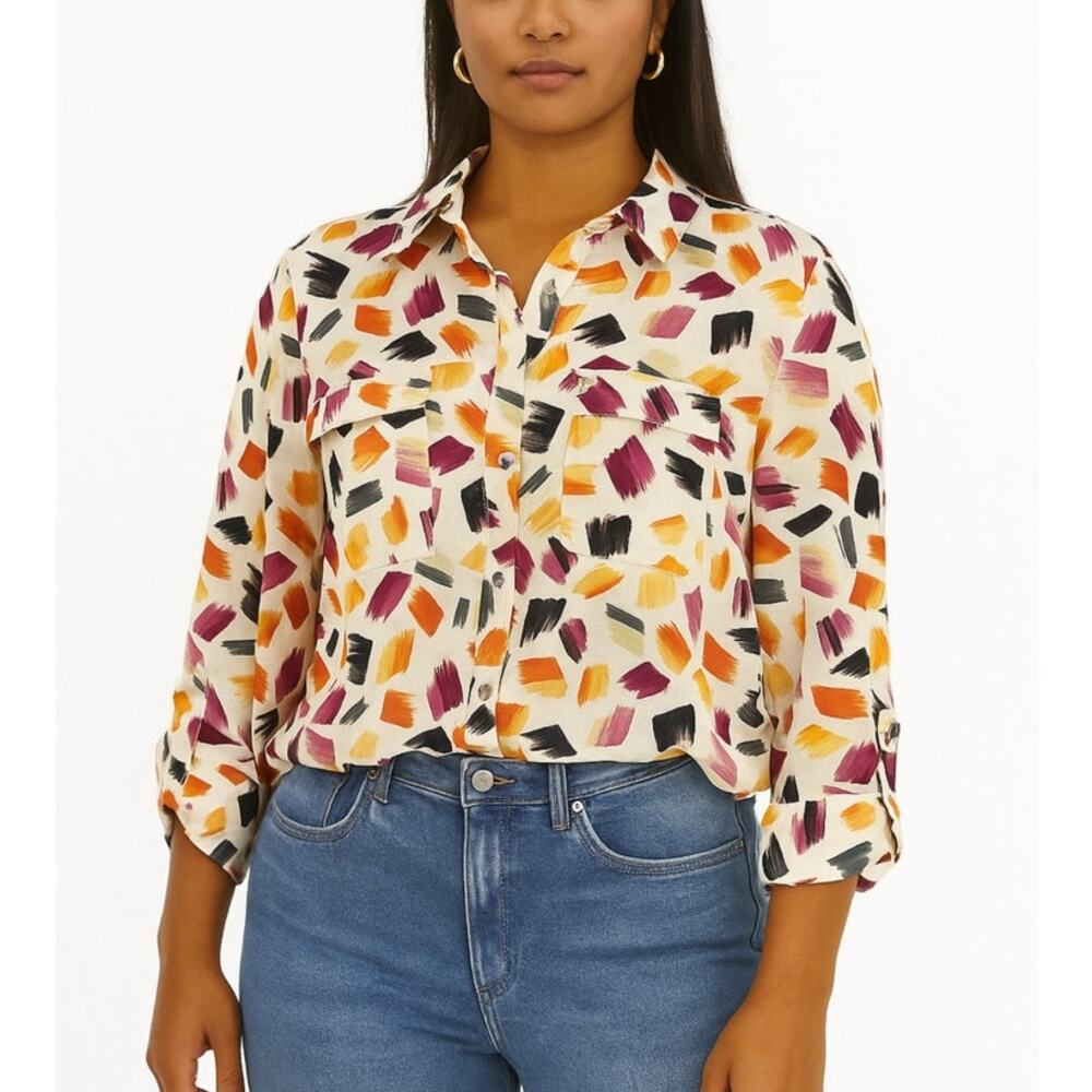Anne Klein Novelty Print Mandarin Neck Blouse Medium Silver Buttons